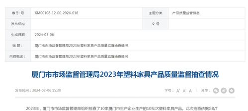 厦门市市场监督管理局2023年塑料家具产品质量监督抽查情况